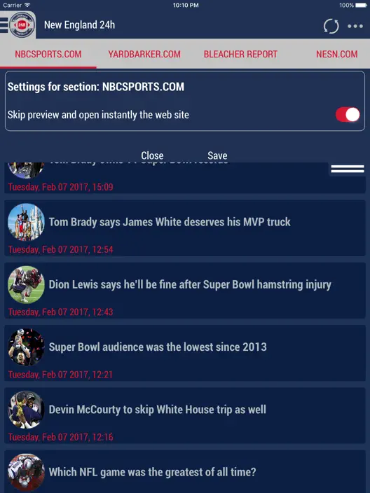 Settings screen for Patriots news source preferences